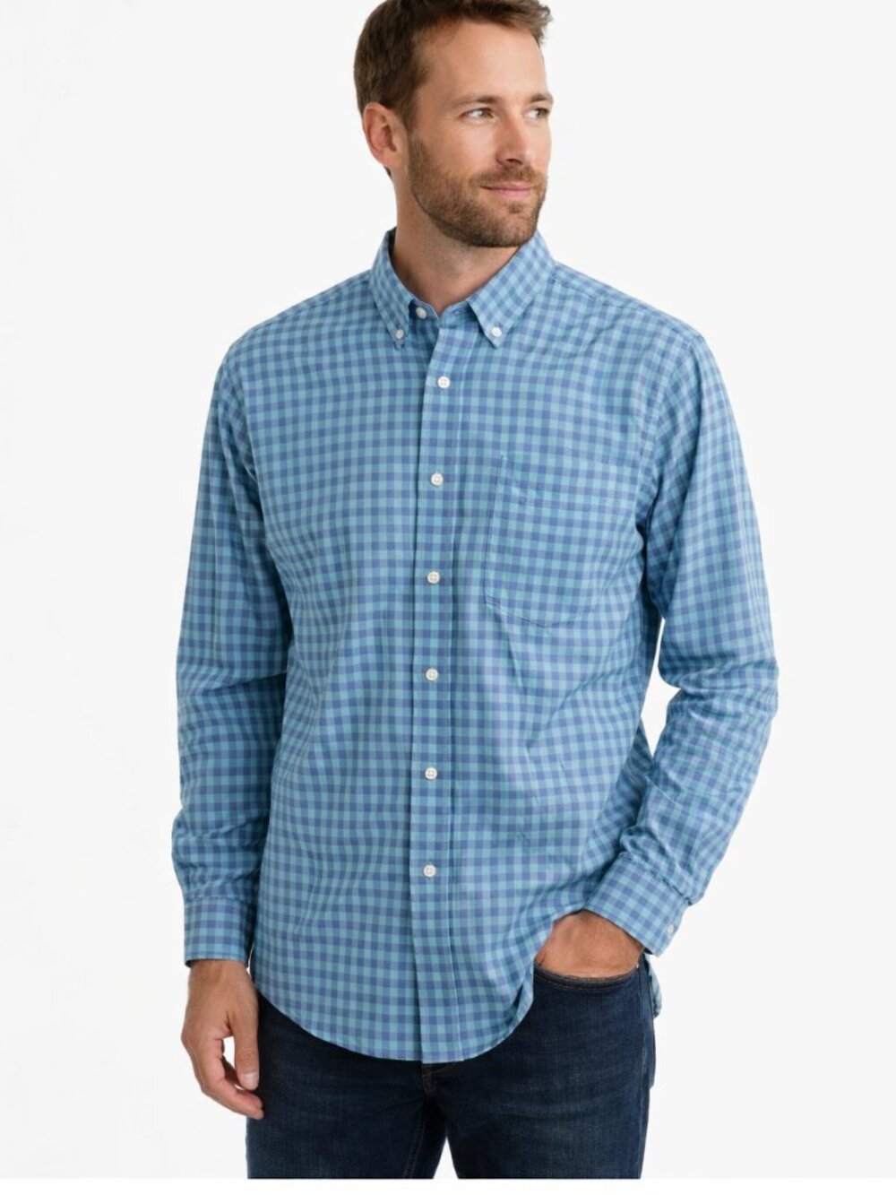 George Men’s Blue Checkered Button‑Down Dress Shirt Long Sleeve Size Large 42‑44